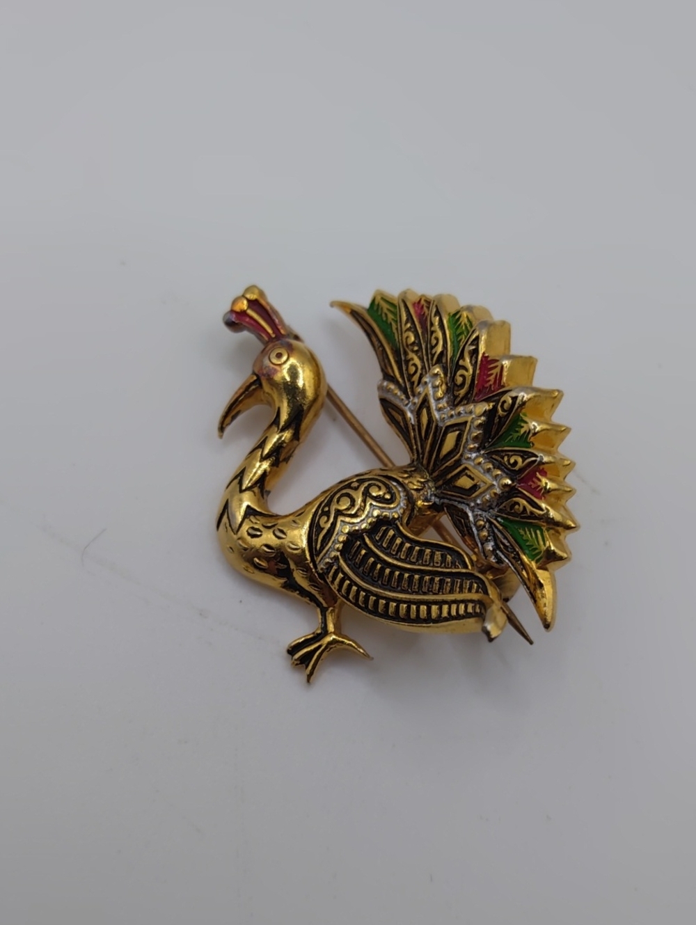 Damascene Peacock Brooch Vintage